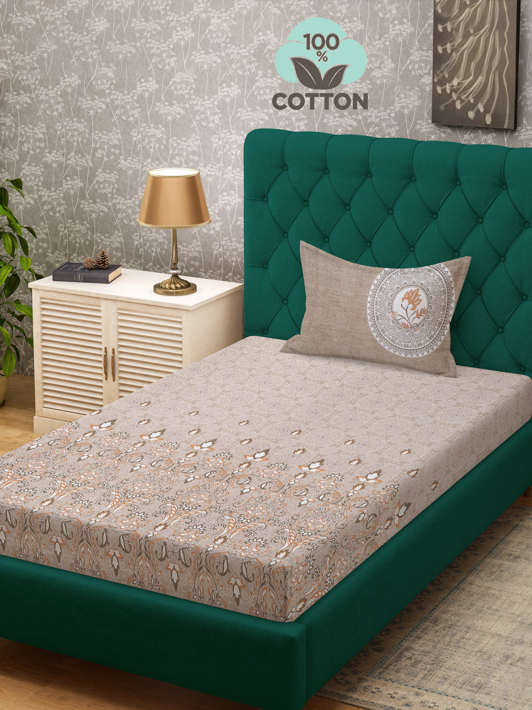 Klotthe Beige Floral 400 TC Pure Cotton Single Bedsheet with Pillow Cover