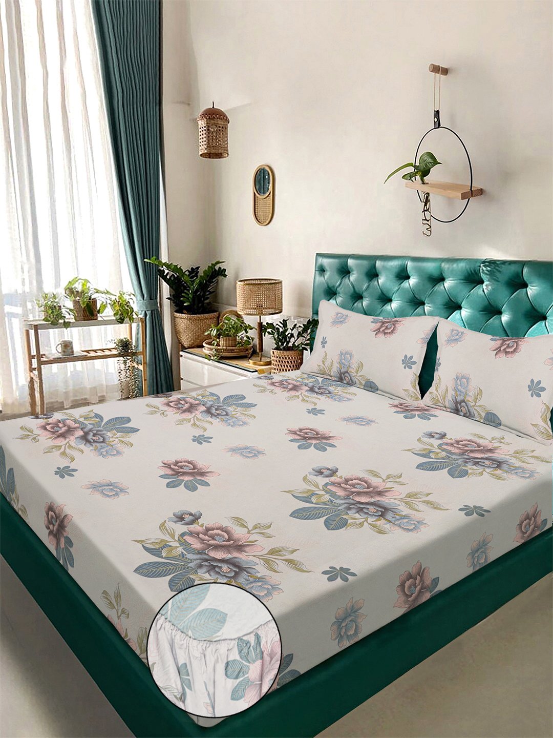 Beige Floral 300 TC Cotton Blend Fitted Double Bedsheet with 2 Pillow Covers