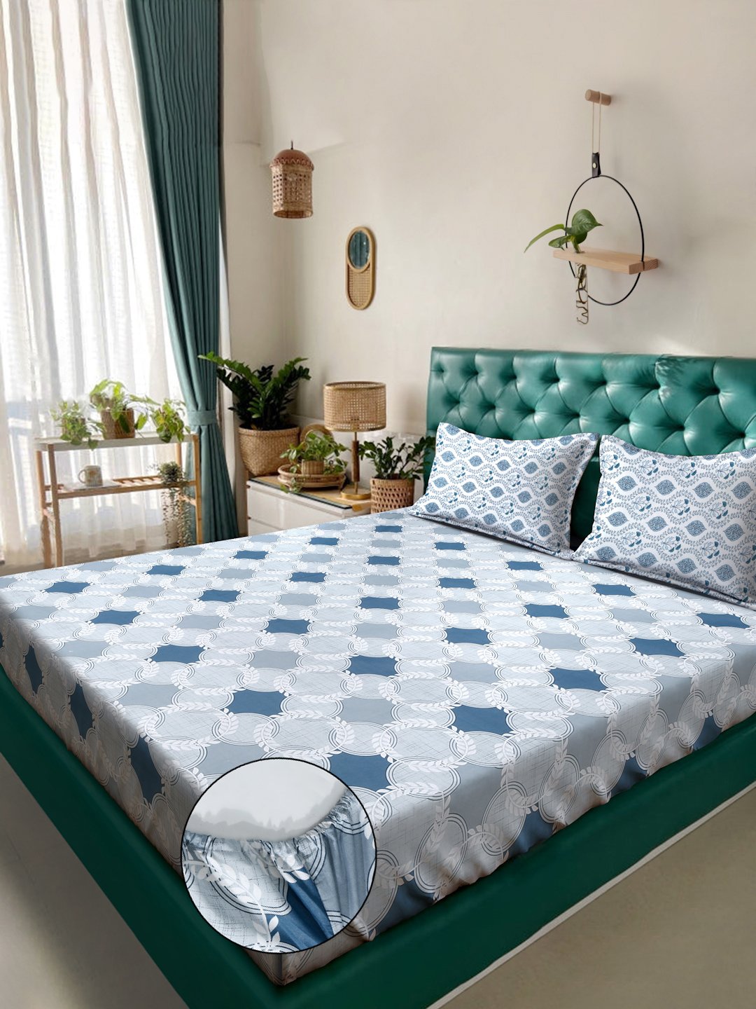 Blue Geometric 400 TC Pure Cotton Fitted Double Bedsheet with 2 Pillow Covers
