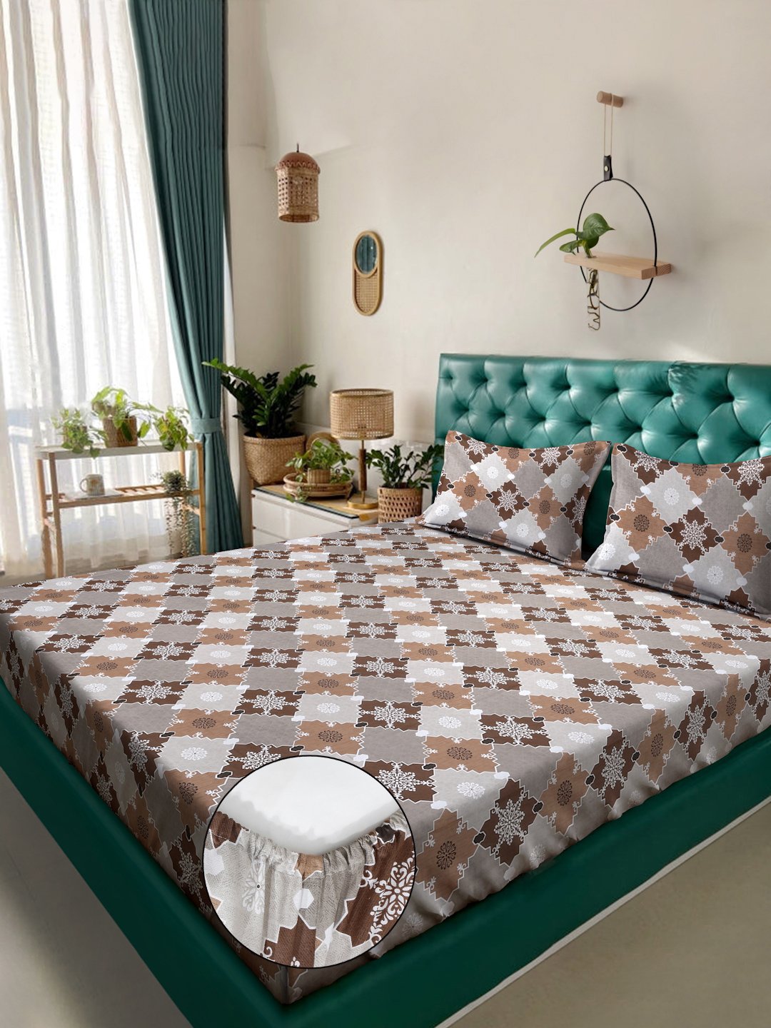 Brown Geometric 400 TC Pure Cotton Fitted Double Bedsheet with 2 Pillow Covers