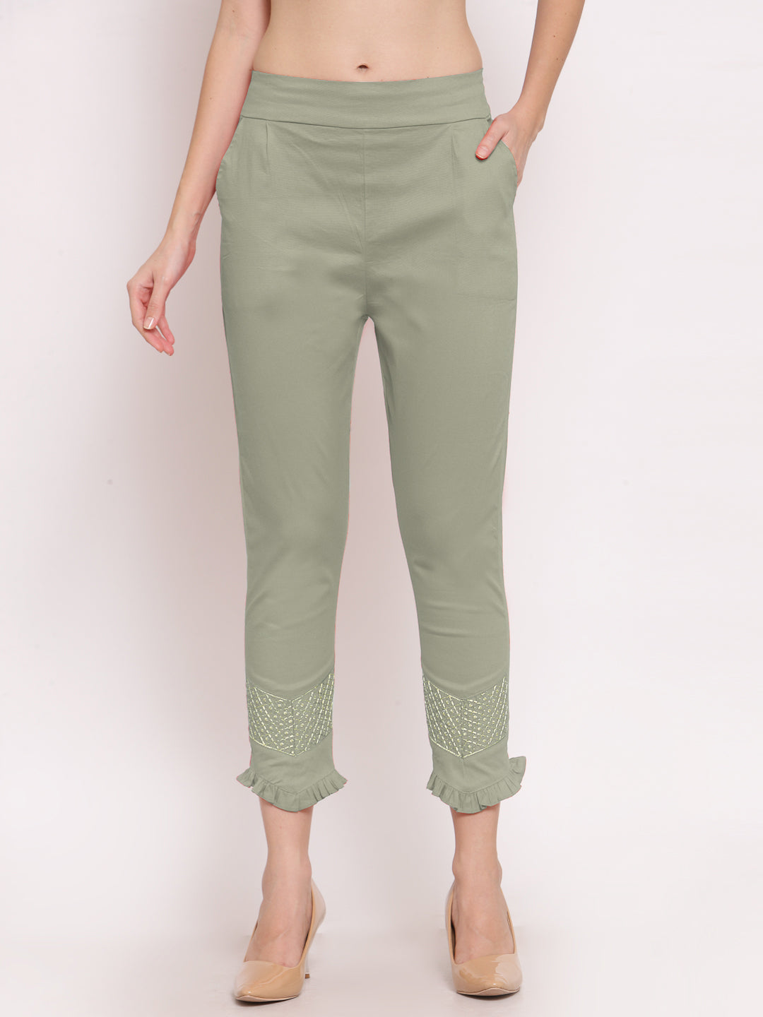 Klotthe Women Sage Green Solid Slim Fit Trouser