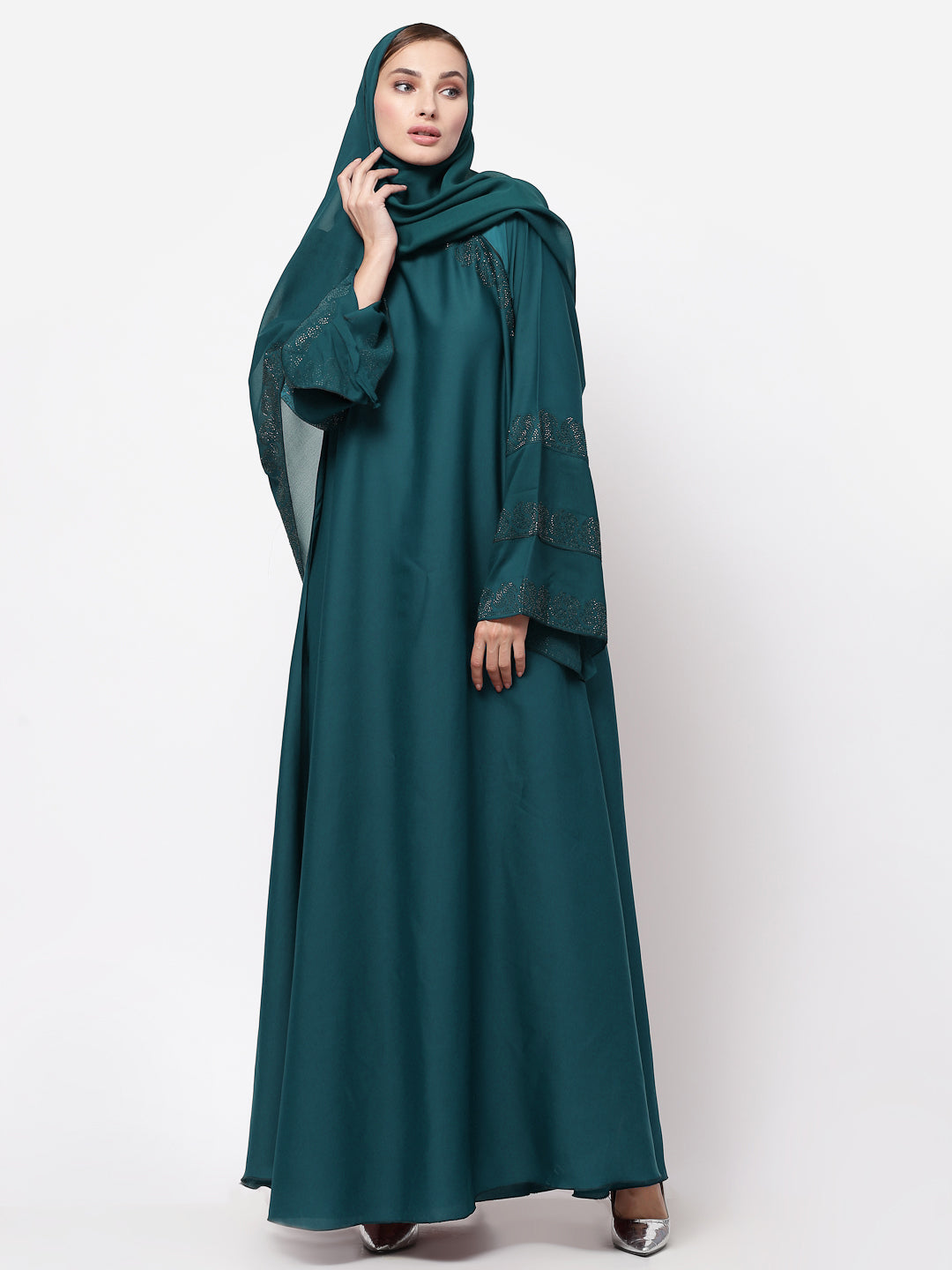 Klotthe Women Turquise Embellished Burqa With Scarves