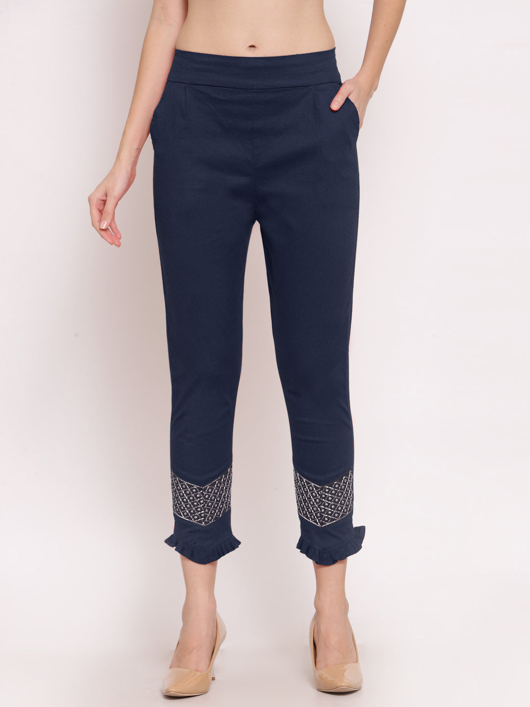 Klotthe Women Navy Blue Solid Slim Fit Trouser