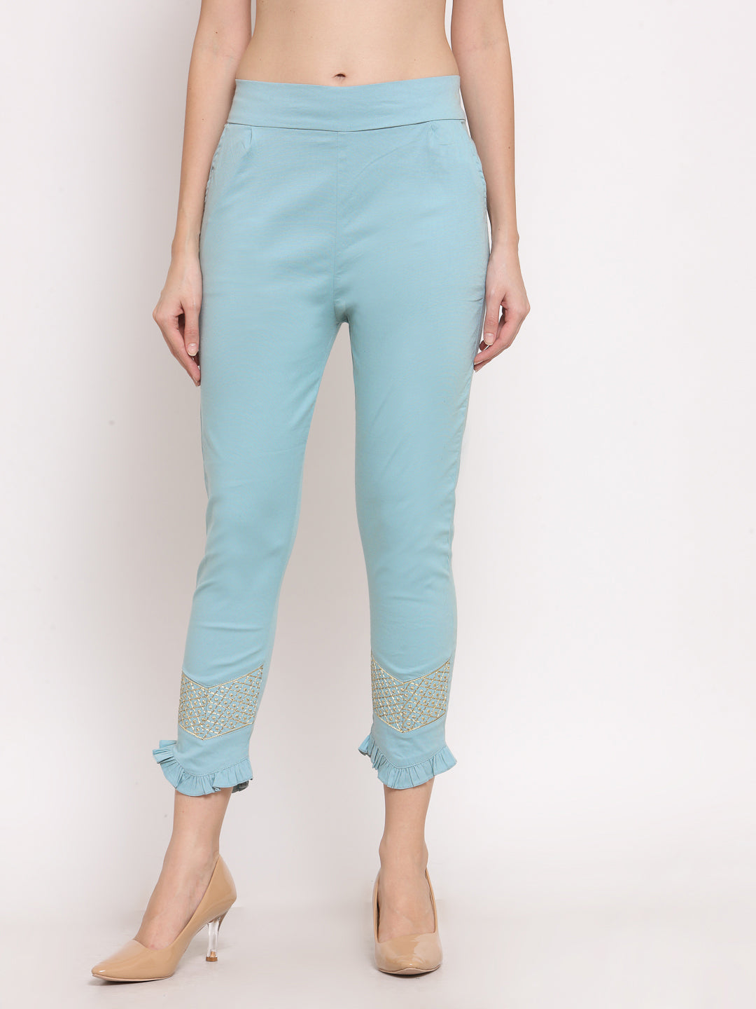 Klotthe Women Sky Blue Solid Slim Fit Trouser