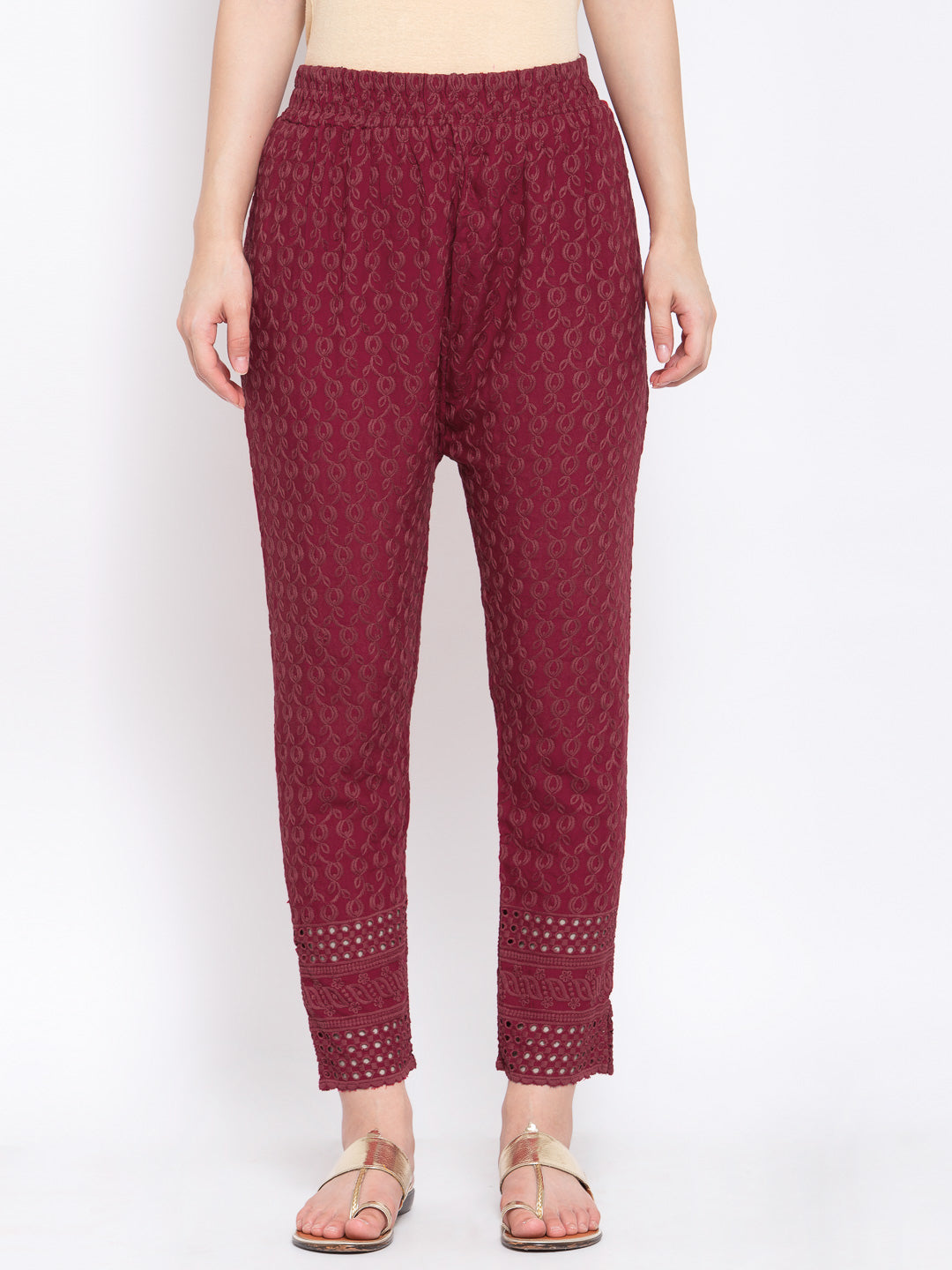 KLOTTHE Maroon Cotton Embroidered Trouser