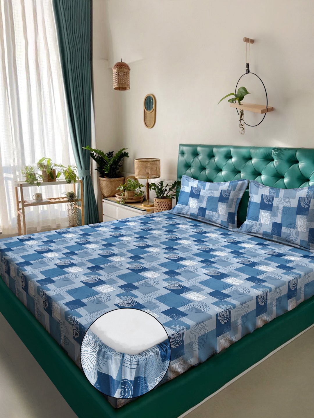 Blue Geometric 400 TC Pure Cotton Fitted Double Bedsheet with 2 Pillow Covers