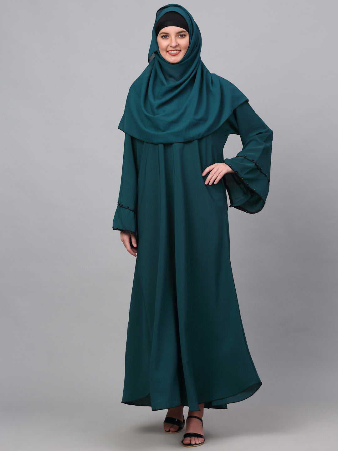 Klotthe Women Turq Embellished Burqa With Scarves