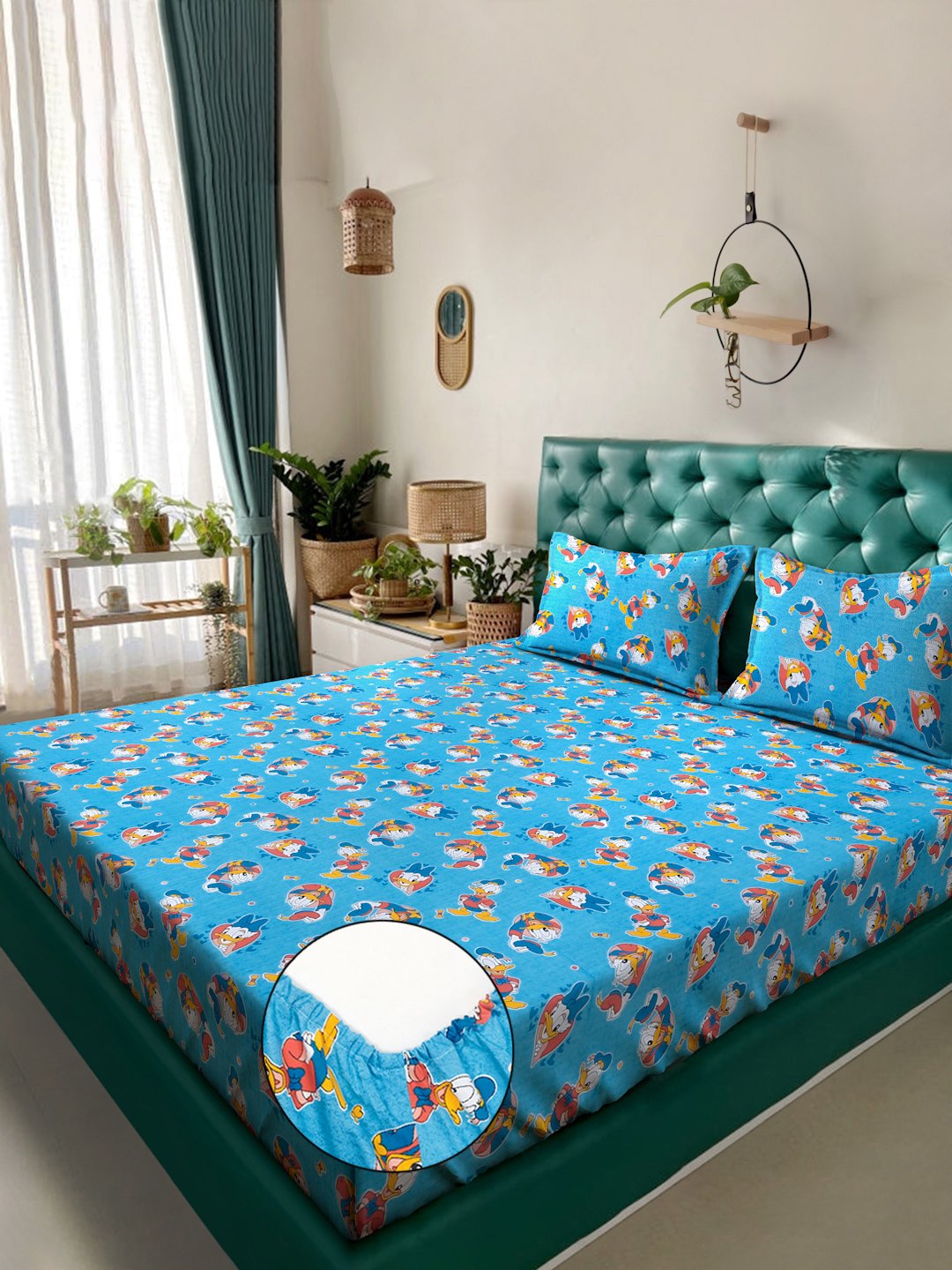 Blue Cartoon Characters 400 TC Pure Cotton Fitted Double Bedsheet with 2 Pillow Covers