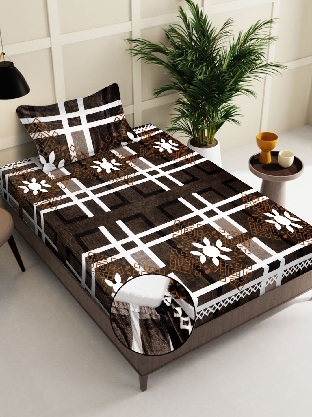 Klotthe Brown Floral Woolen Fitted Single Bed Sheet with Pillow Cover