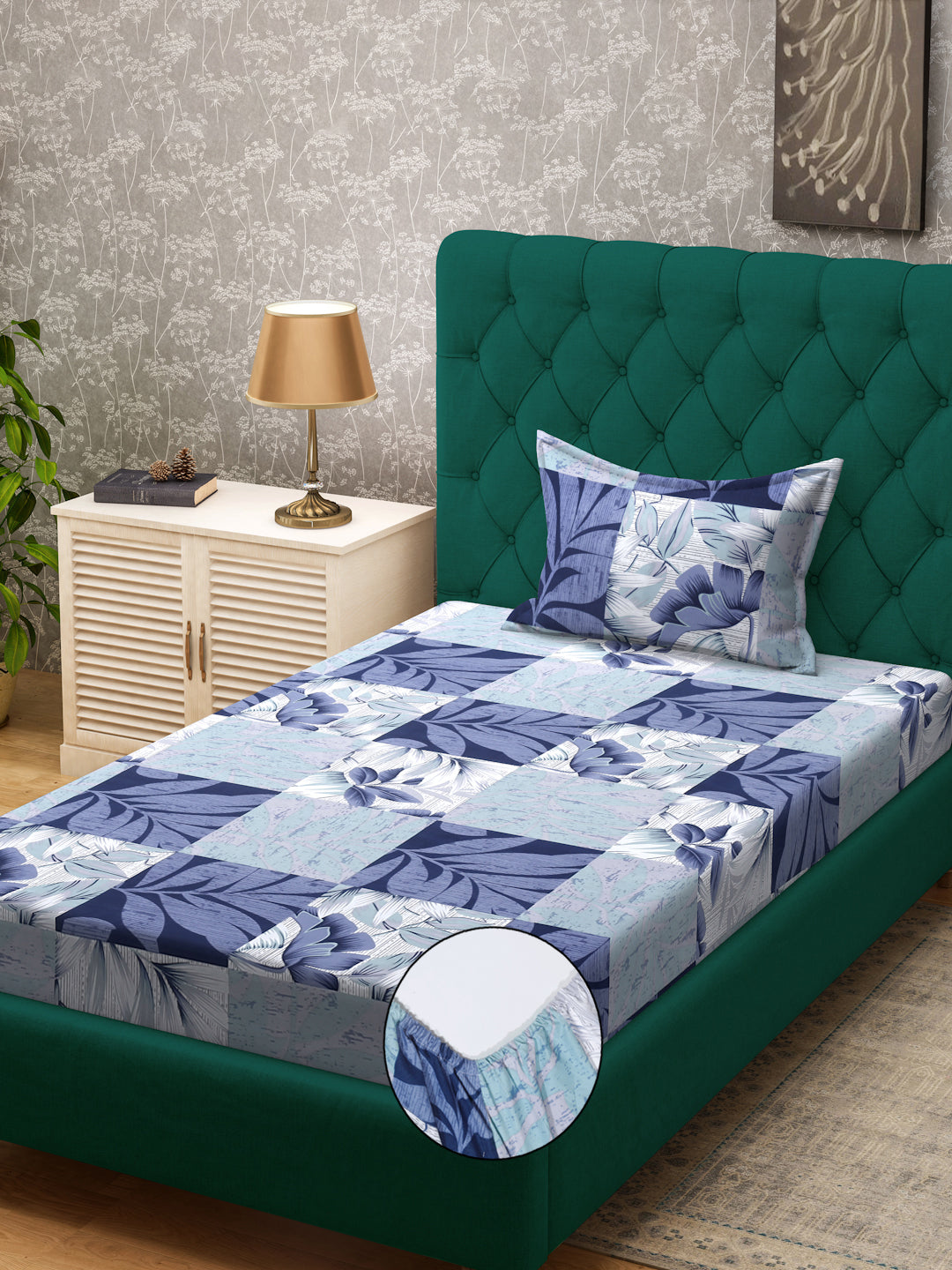 Klotthe Blue Floral 300 TC Cotton Blend Fitted Single Bedsheet with Pillow Cover