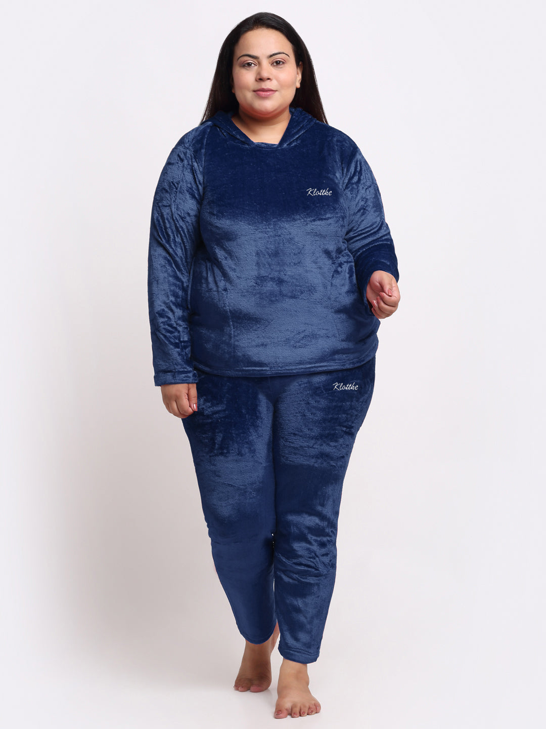 Klotthe Women Blue Solid Wool Blend Hooded Night Suit