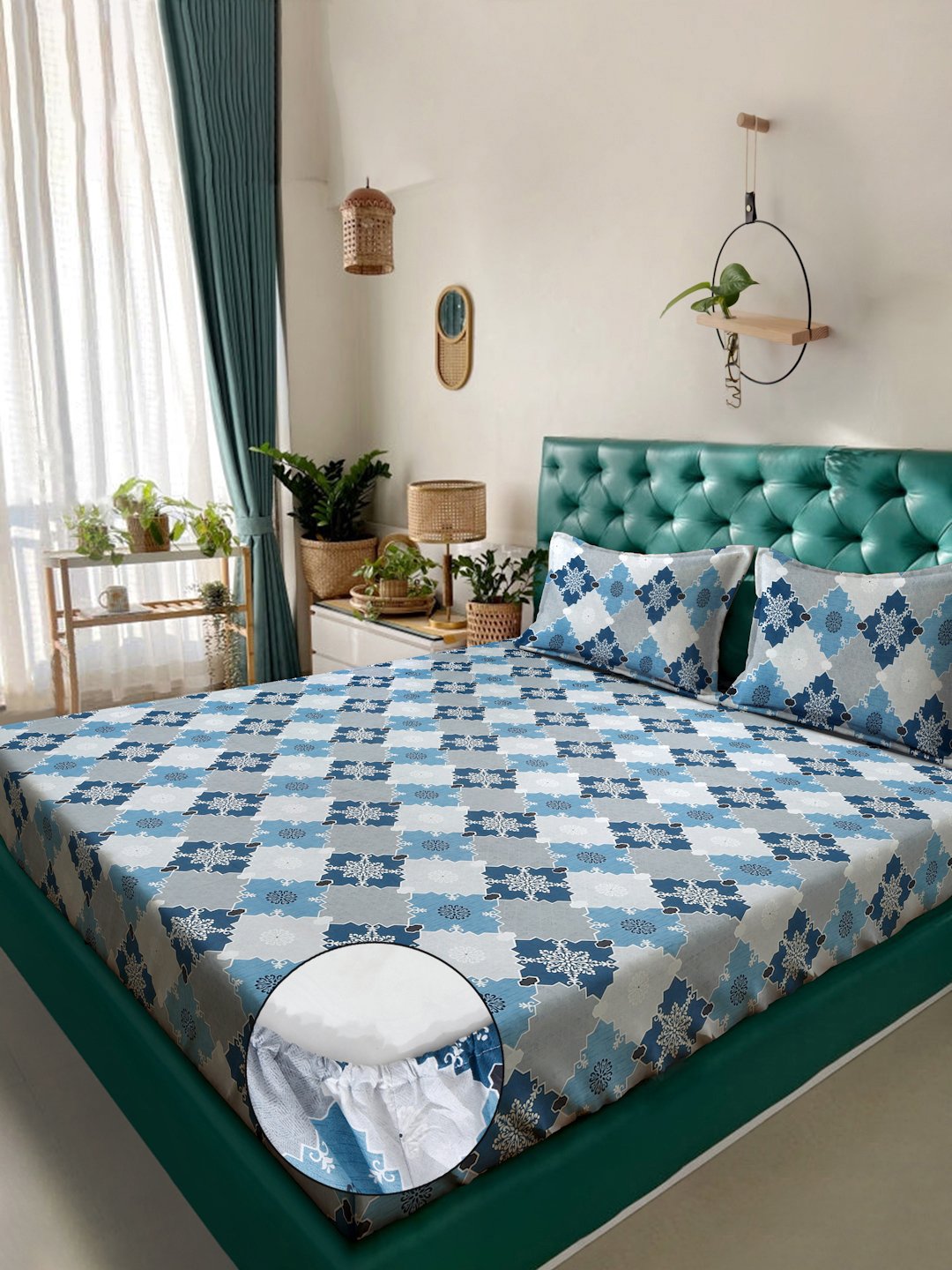 Blue Geometric 400 TC Pure Cotton Fitted Double Bedsheet with 2 Pillow Covers