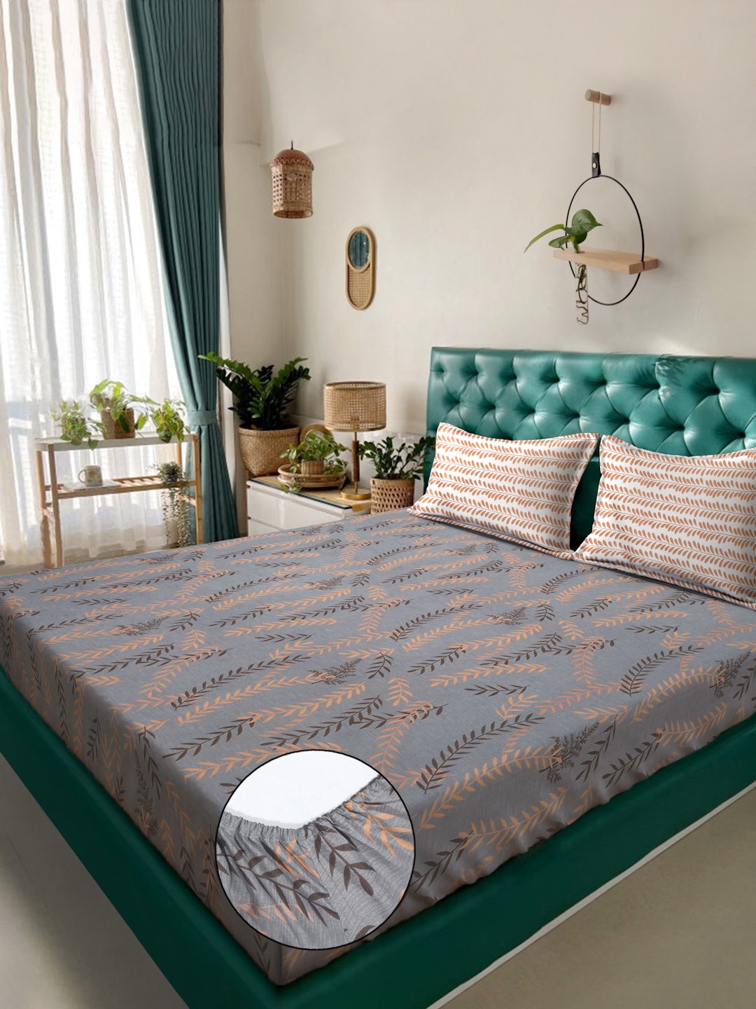 Grey Floral 300 TC Fitted Cotton Blend Double Bedsheet with 2 Pillow Covers