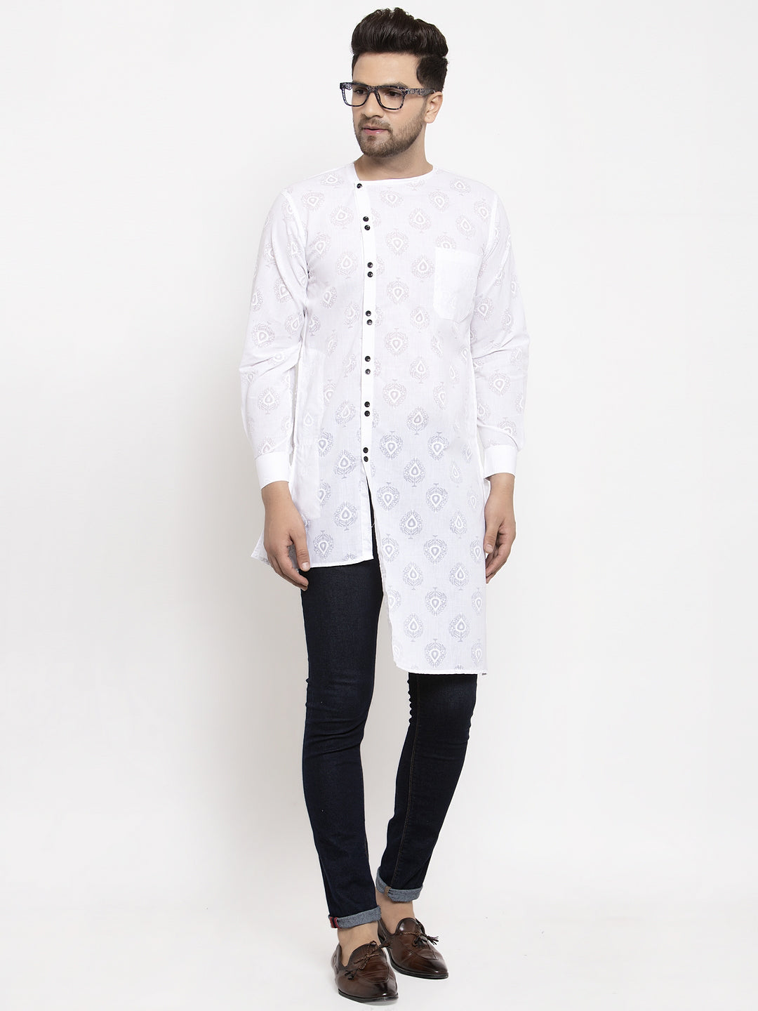 Klotthe White Round Neck Embellished Cotton Kurta