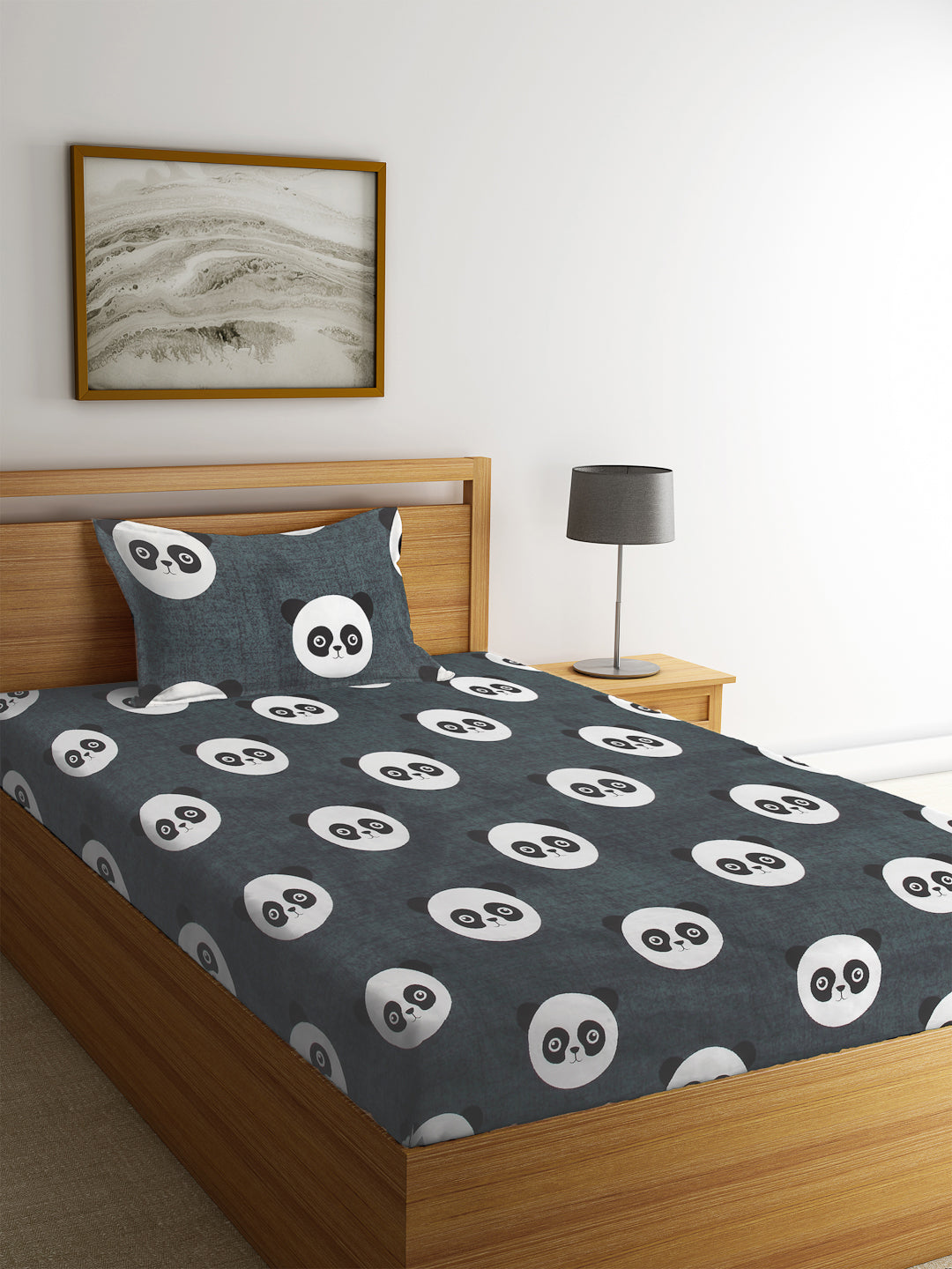 KLOTTHE Black Polycotton Cartoon Characters BedSheet With 1 Pillow Cover (225X150 cm)