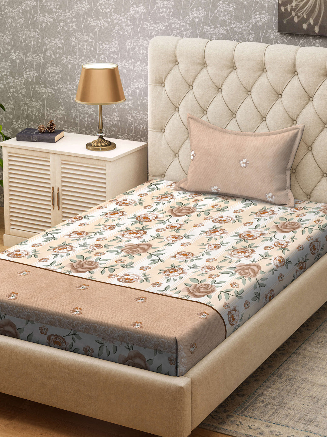 Klotthe Brown Floral 300 TC Cotton Blend Single Bedsheet with Pillow Cover