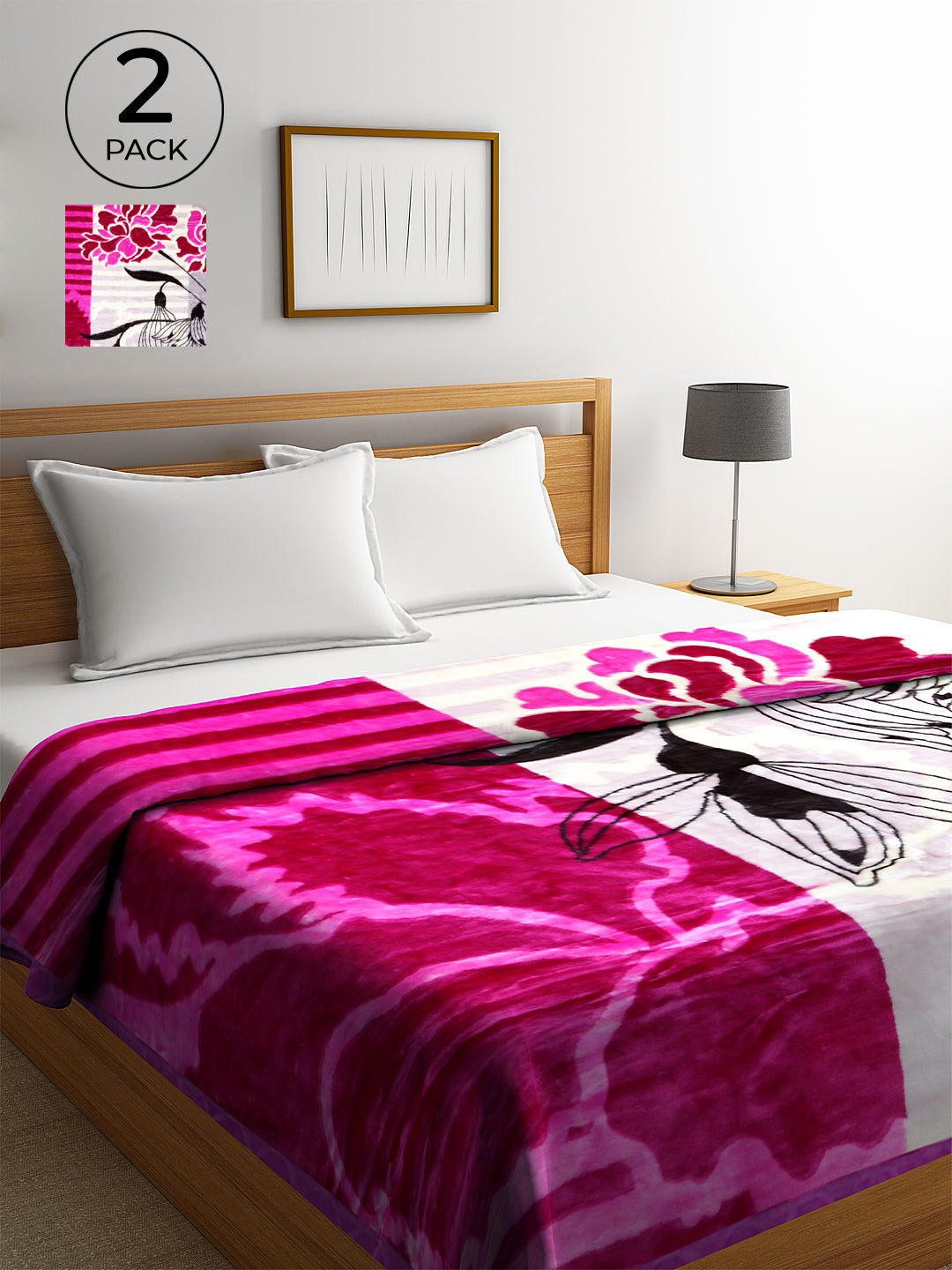 KLOTTHE Set of 2 Magenta Wool Floral Double King Blankets (240X200 cm) 730 GSM