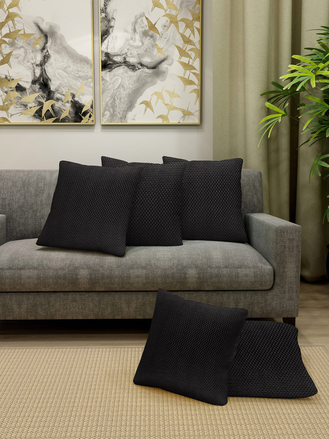 KLOTTHE Set of 5 Black Polycotton Self Design Cushion Covers (30X30 cm)