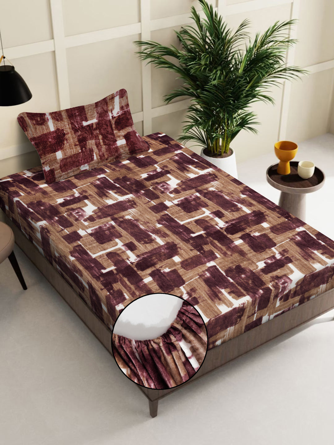 Klotthe Rust Geometric Woolen Fitted Single Bed Sheet with Pillow Cover