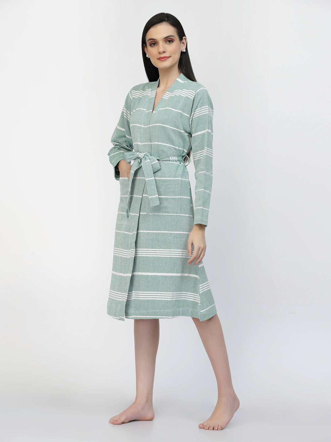 Klotthe Women Green Striped Cotton Bath Robe With Belt