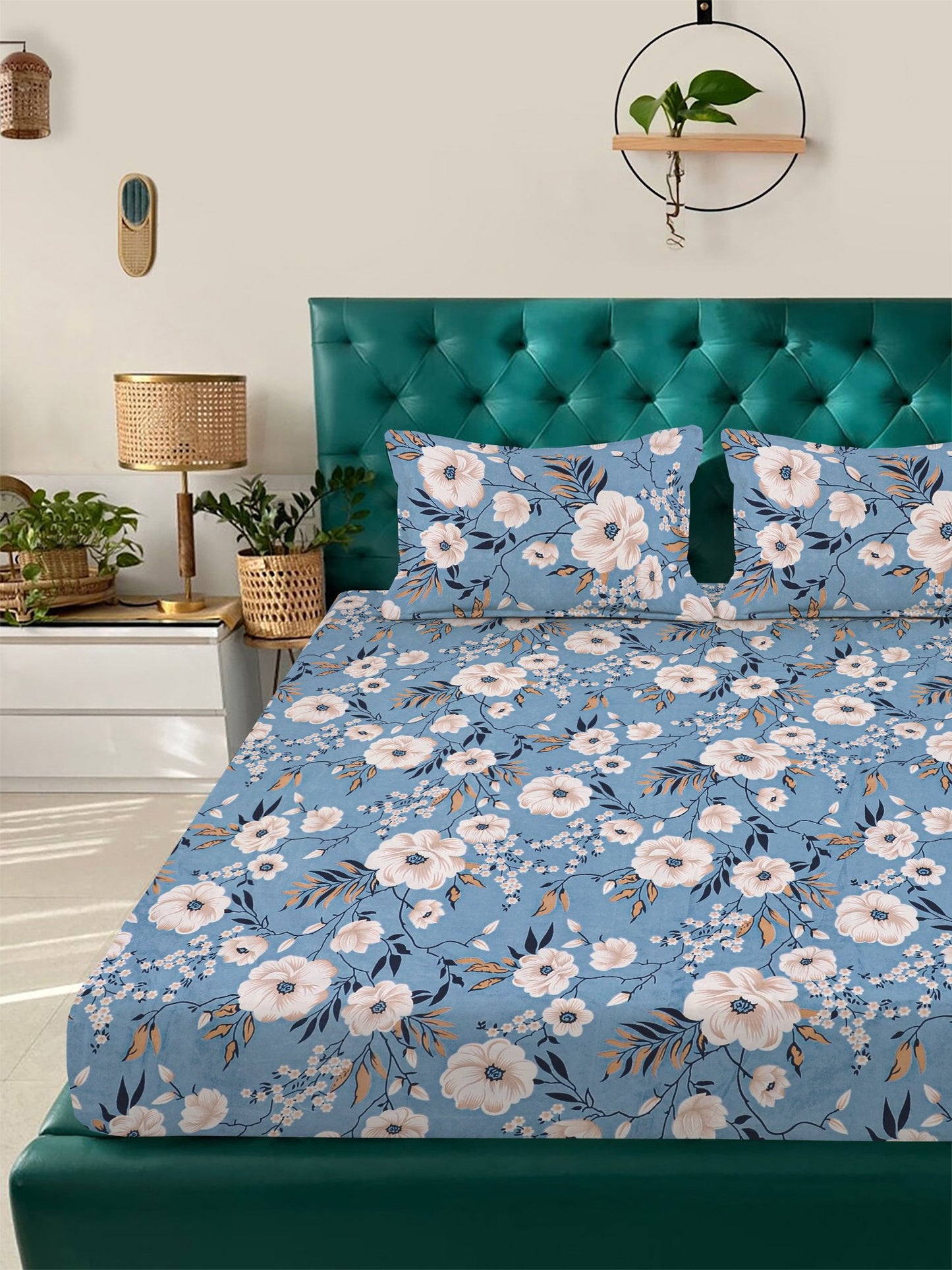 Blue Floral 300 TC Cotton Blend Fitted Double Bedsheet with 2 Pillow Covers