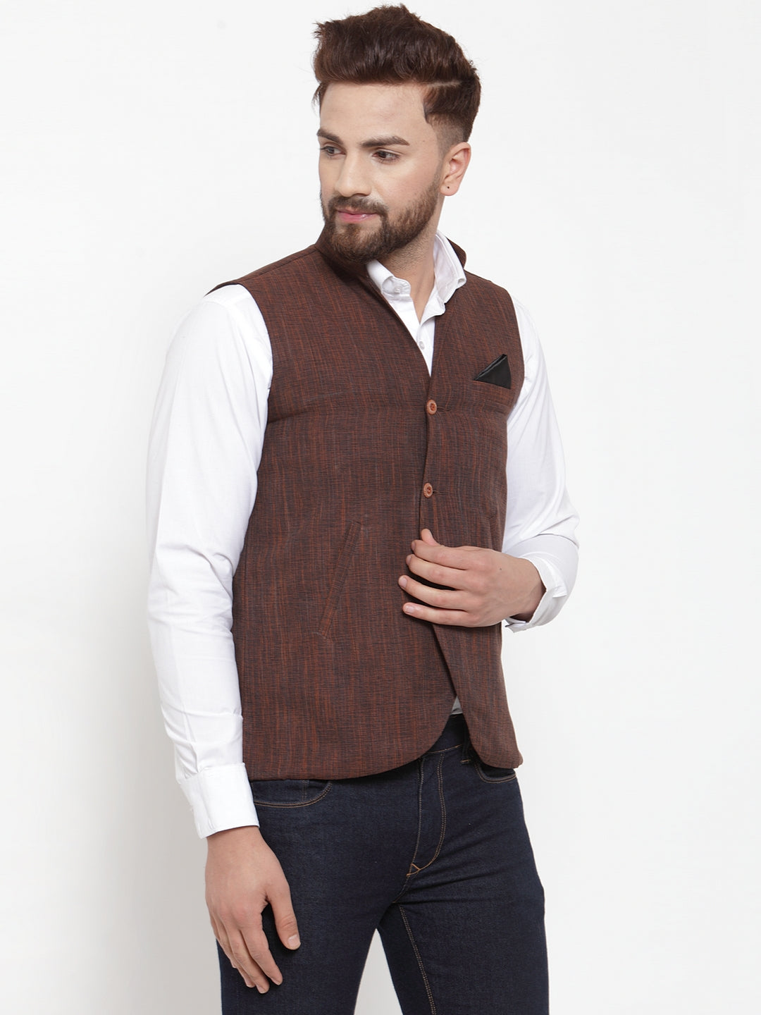 Brown Pure Cotton Party Nehru Jackets