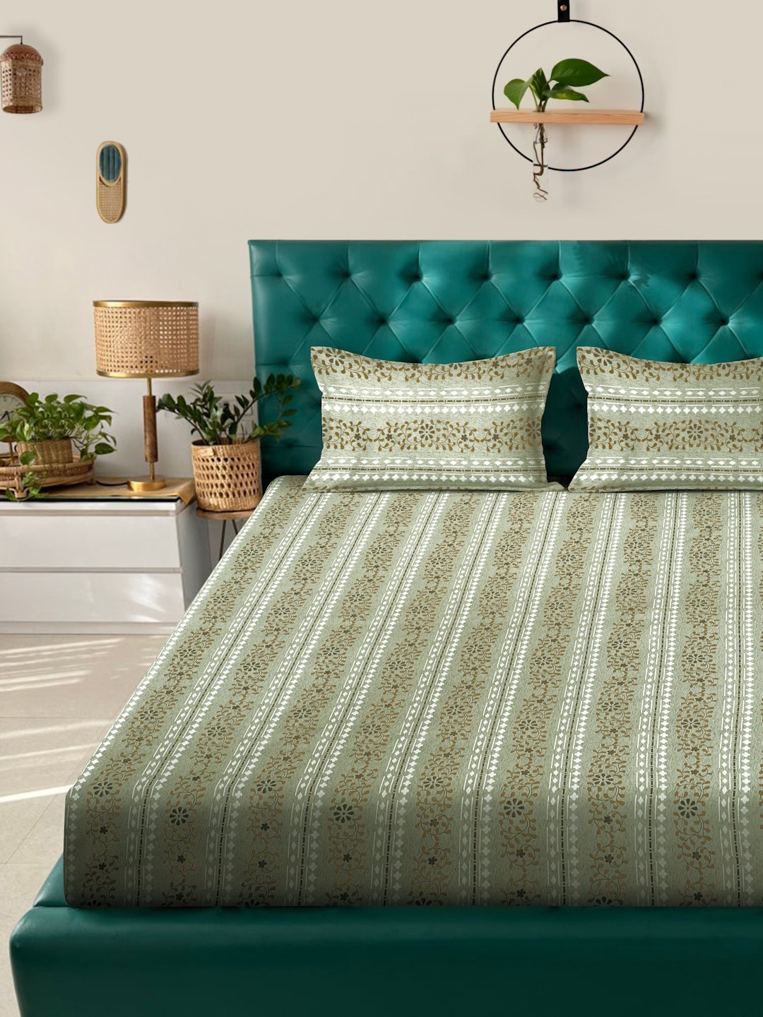 Green Floral 400 TC Pure Cotton Fitted Double Bedsheet with 2 Pillow Covers