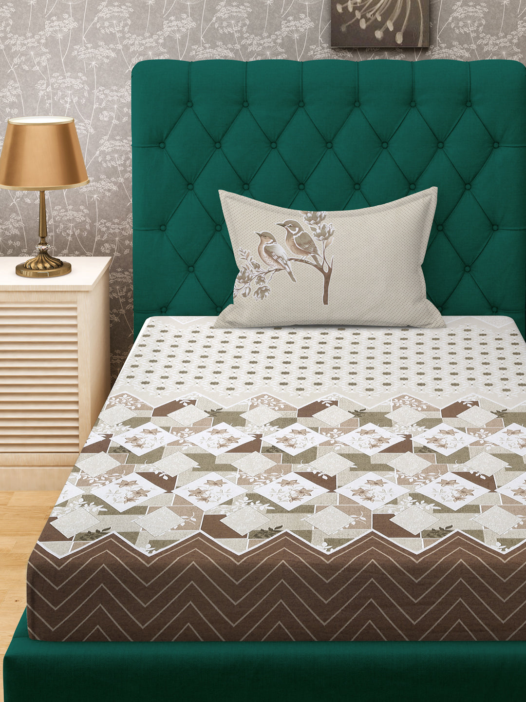 Klotthe Brown Geometric 400 TC Pure Cotton Fitted Single Bedsheet with Pillow Cover
