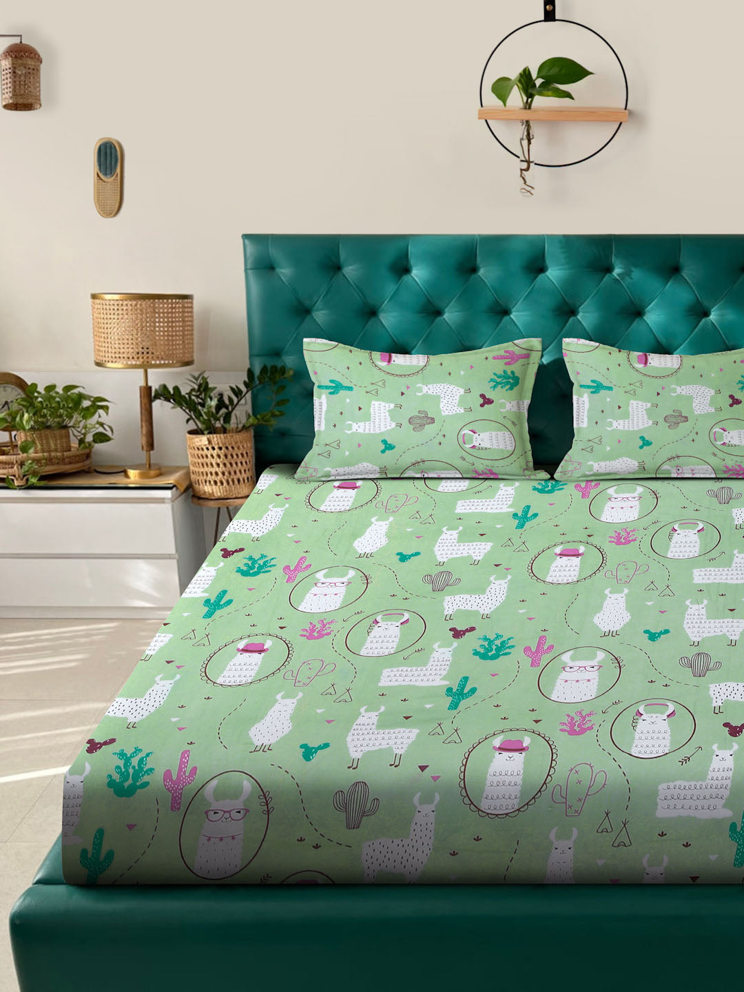 Klotthe Green Cartoon Characters 400 TC Pure Cotton Fitted Double Bedsheet with 2 Pillow Covers