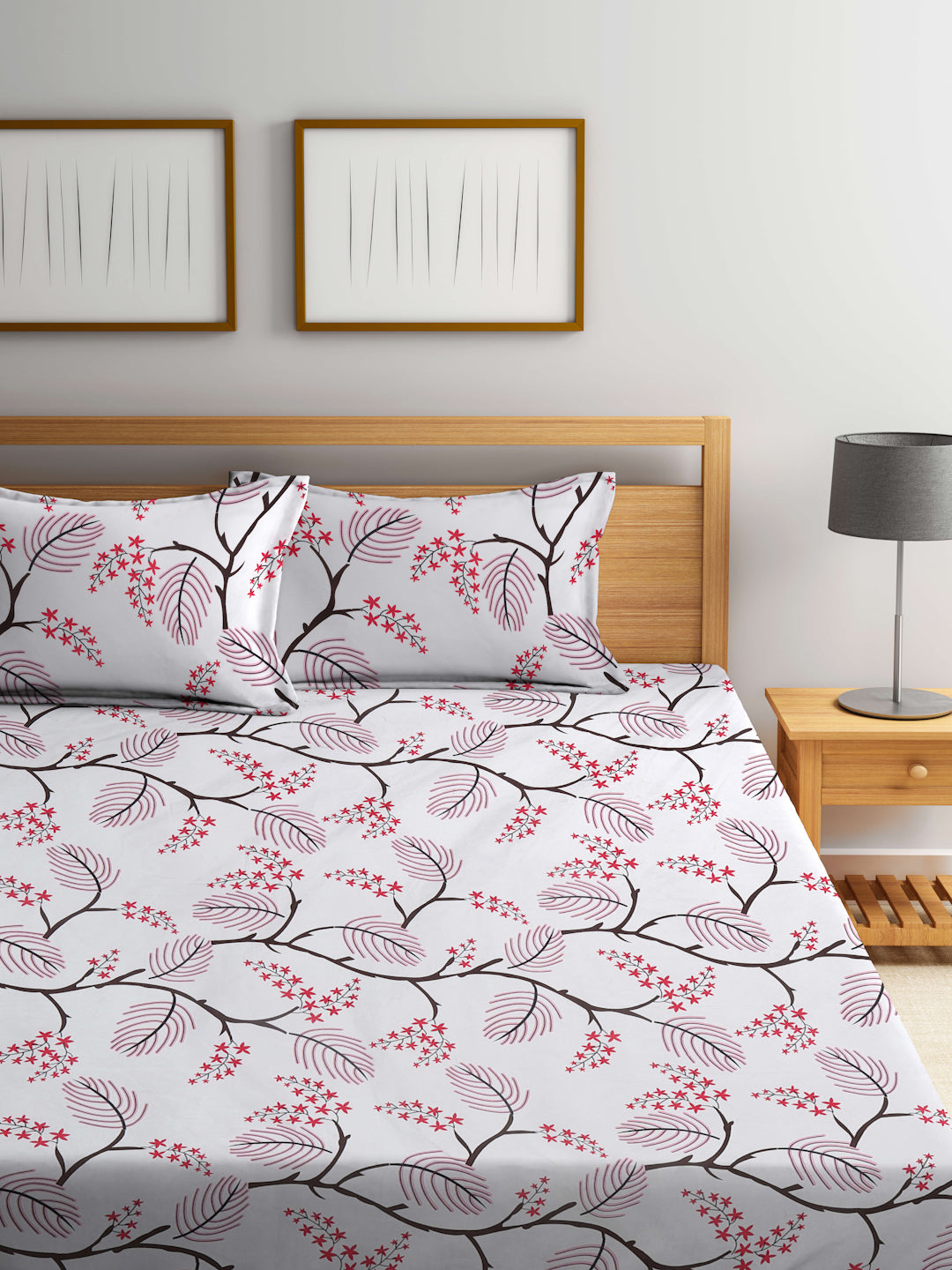 Klotthe Multicolor Floral 300 TC Cotton Blend Fitted Double Bedsheet with 2 Pillow Covers