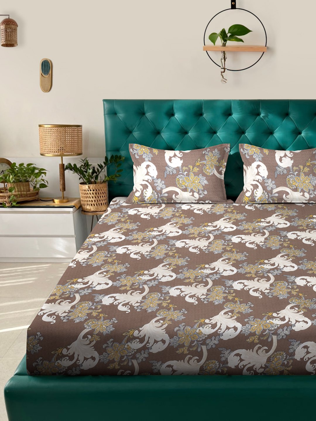 Brown Floral 300 TC Cotton Blend Fitted Double Bedsheet with 2 Pillow Covers