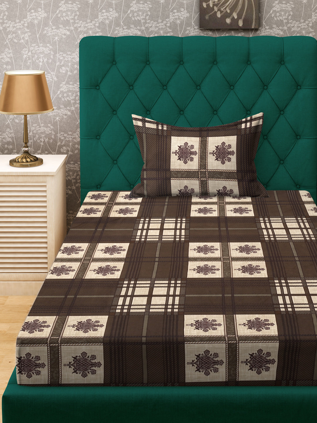 Klotthe Brown Geometric 300 TC Cotton Blend Single Bedsheet with Pillow Cover