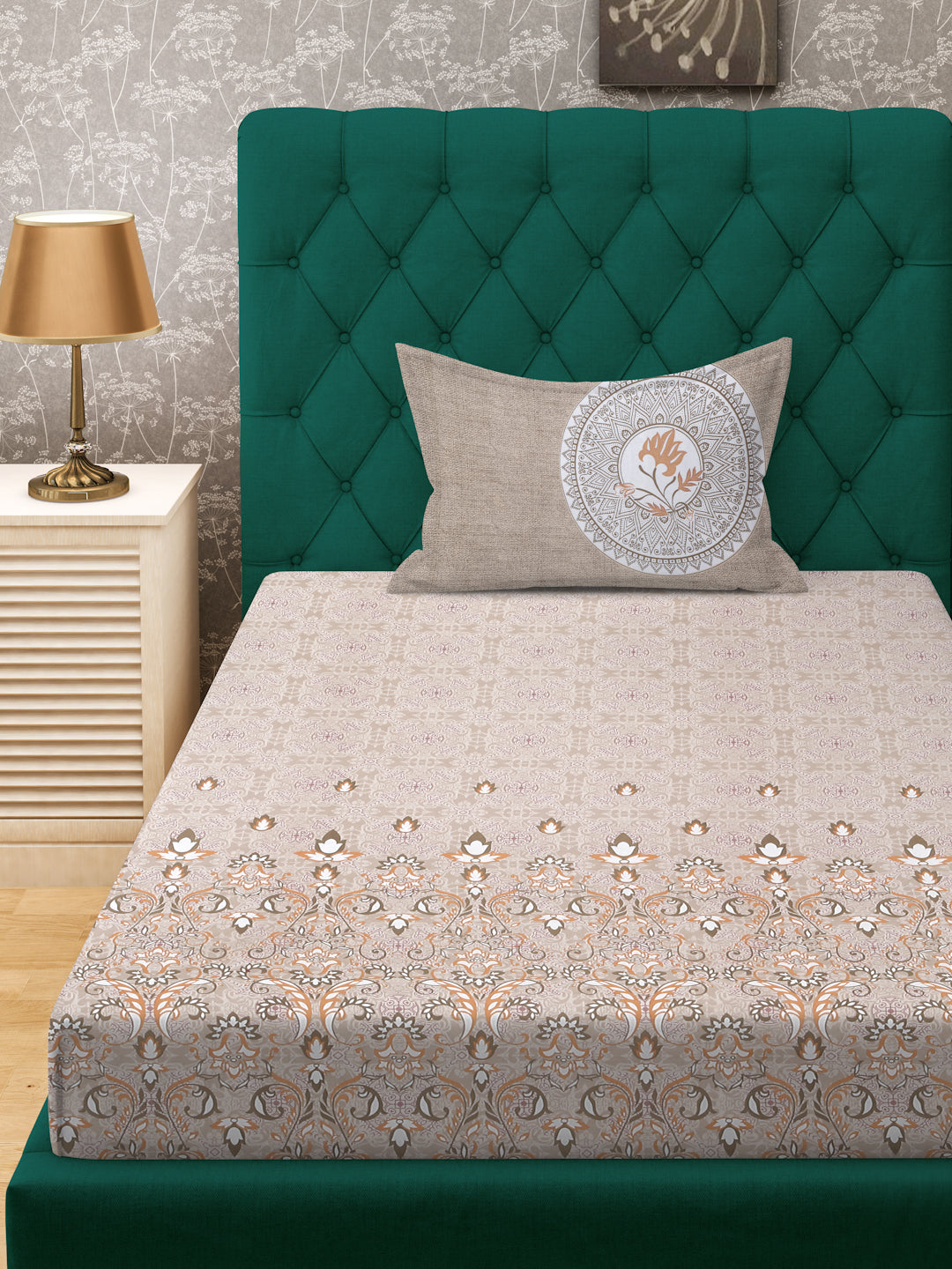 Klotthe Beige Floral 400 TC Pure Cotton Fitted Single Bedsheet with Pillow Cover