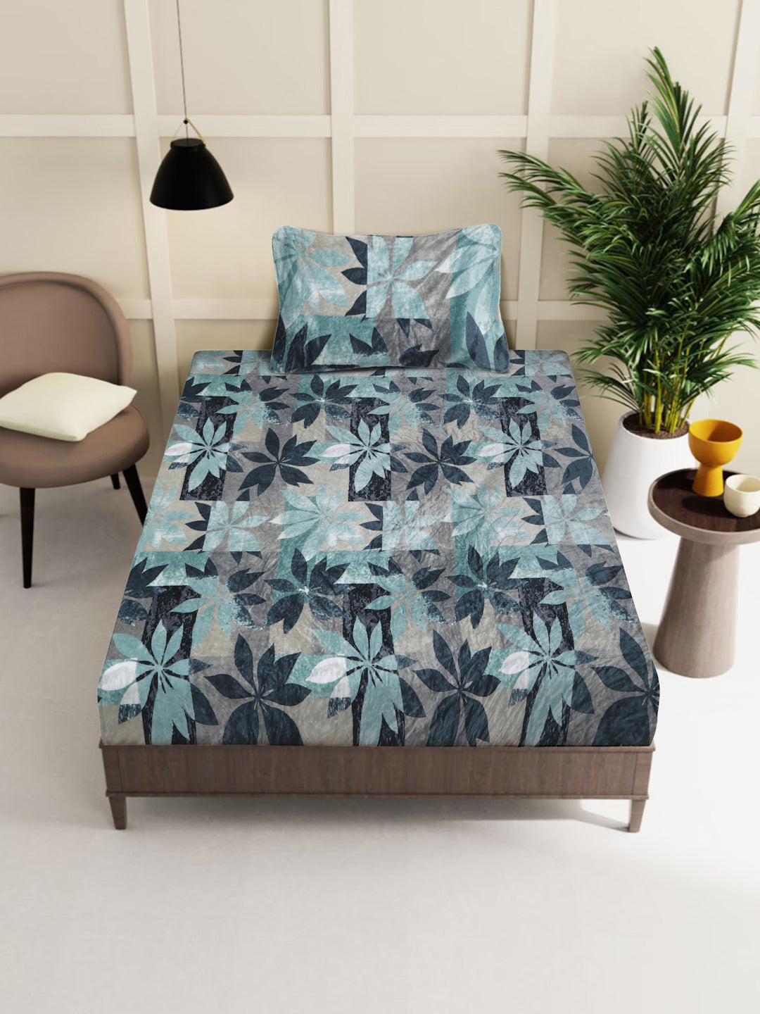 Klotthe Green Floral Woolen Fitted Single Bed Sheet with Pillow Cover