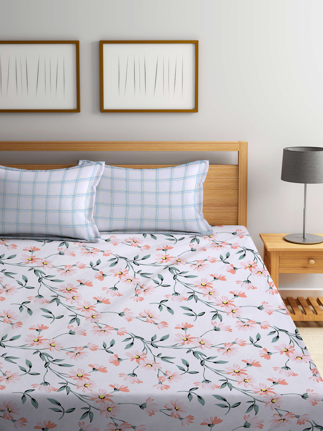Klotthe Multicolor Floral 300 TC Cotton Blend Fitted Double Bedsheet with 2 Pillow Covers