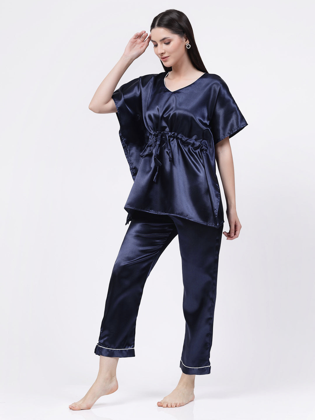 Klotthe Women Blue Solid Satin Kaftan Night Suit by KLOTTHE