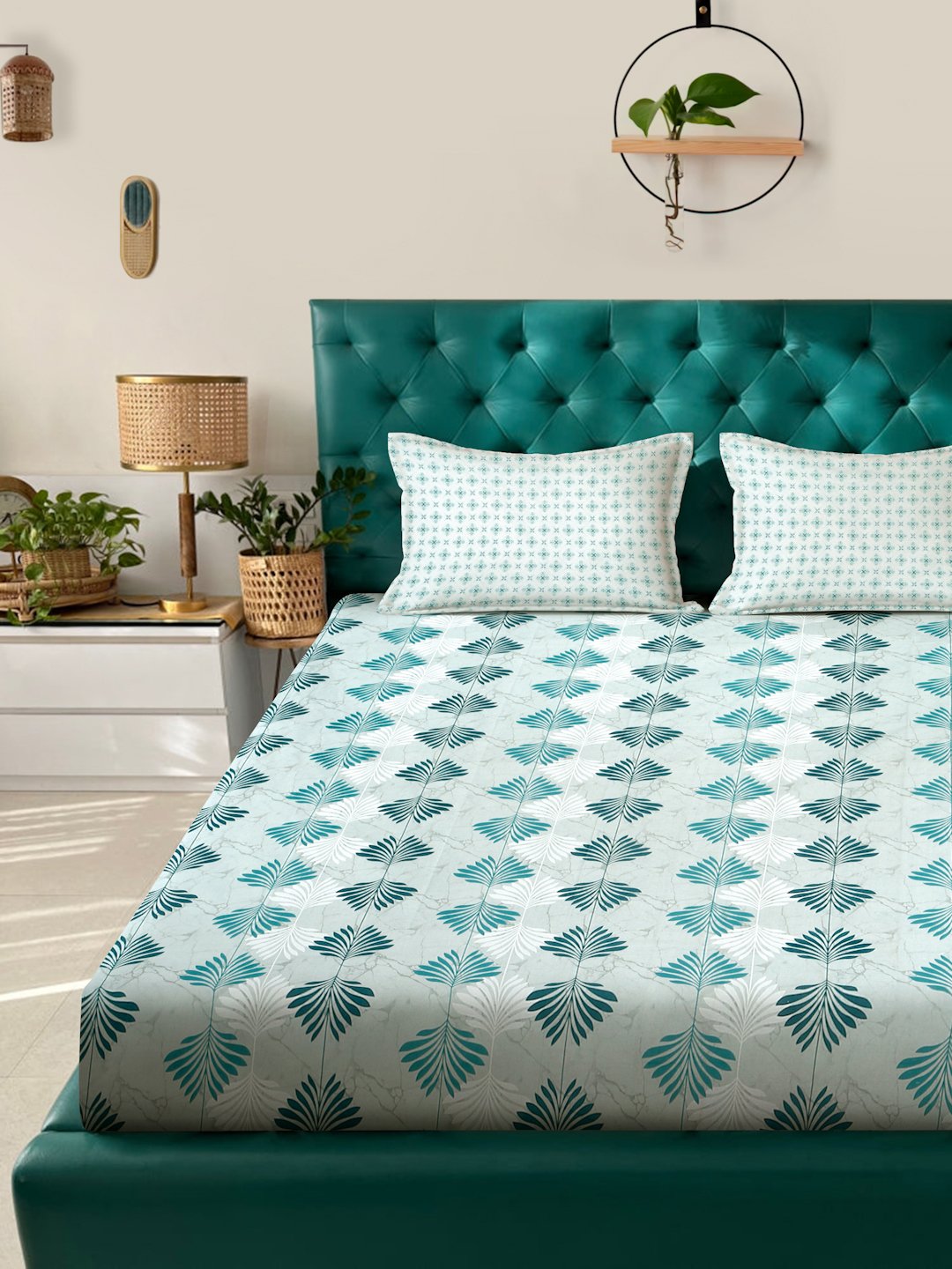 Green Floral 400 TC Pure Cotton Fitted Double Bedsheet with 2 Pillow Covers