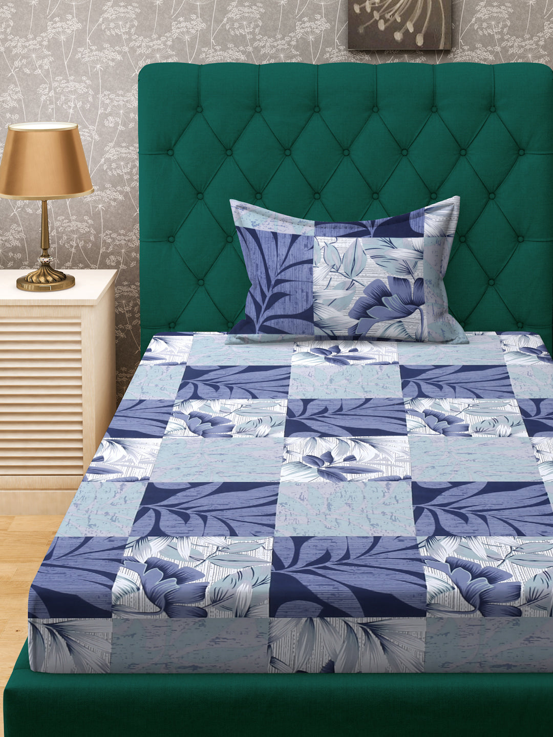 Klotthe Blue Floral 300 TC Cotton Blend Single Bedsheet Set in Book Fold Packing
