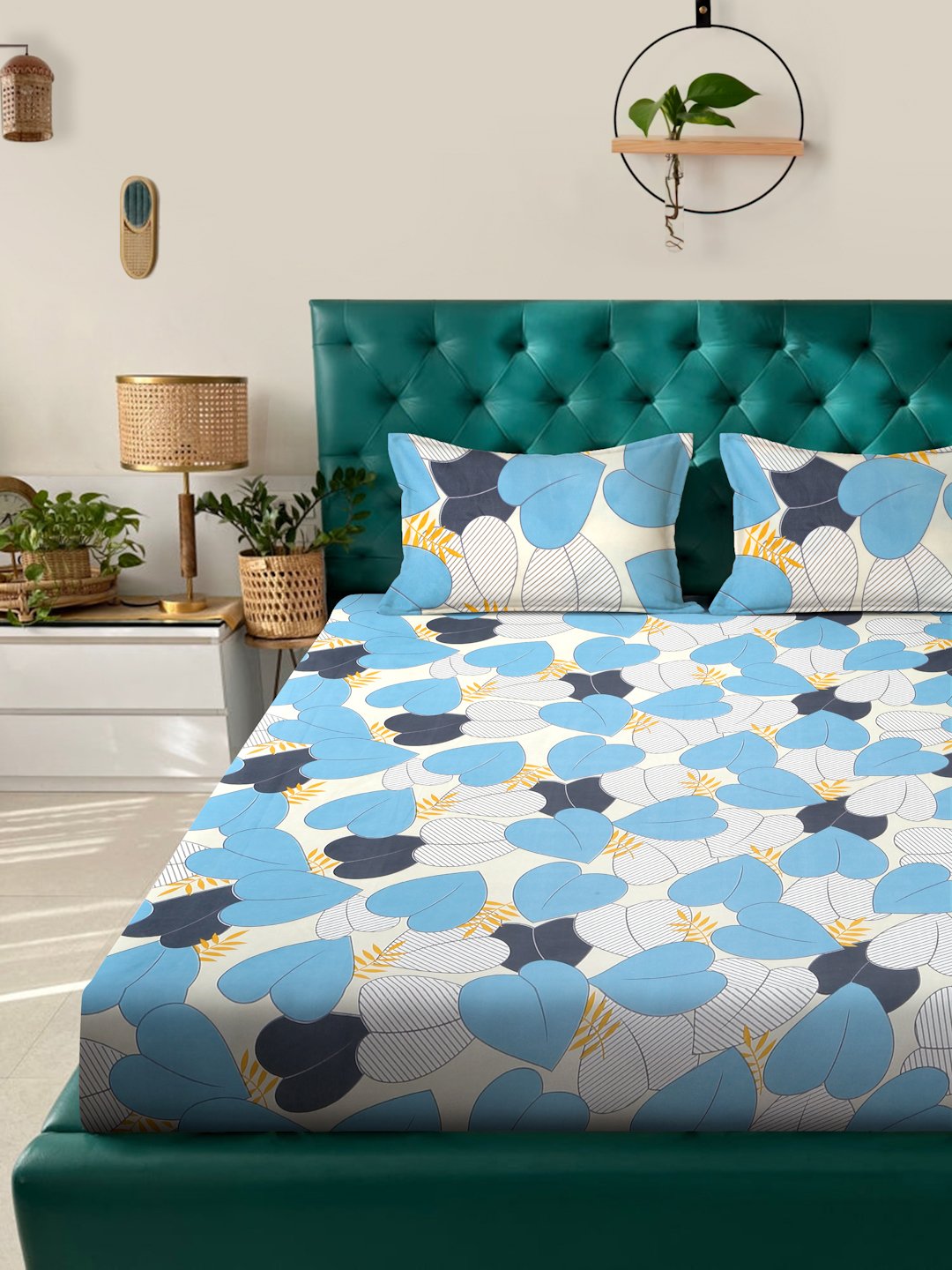 Blue Floral 300 TC Cotton Blend Fitted Double Bedsheet with 2 Pillow Covers