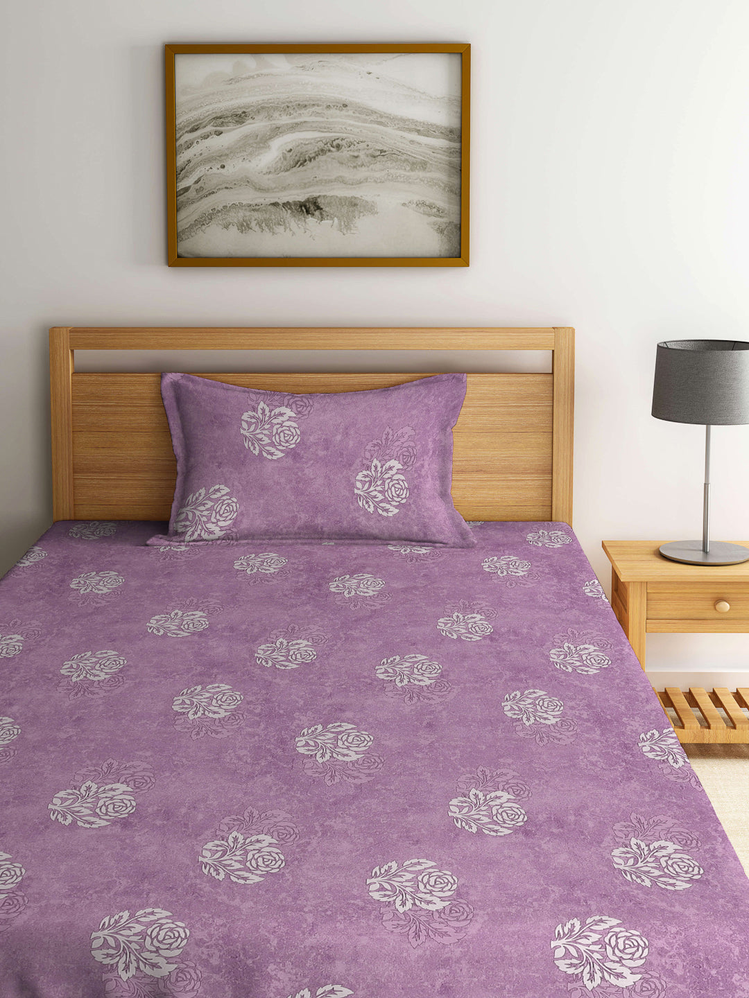 Klotthe Purple Floral 400 TC Pure Cotton Single Bedsheet Set in Book Fold Packing