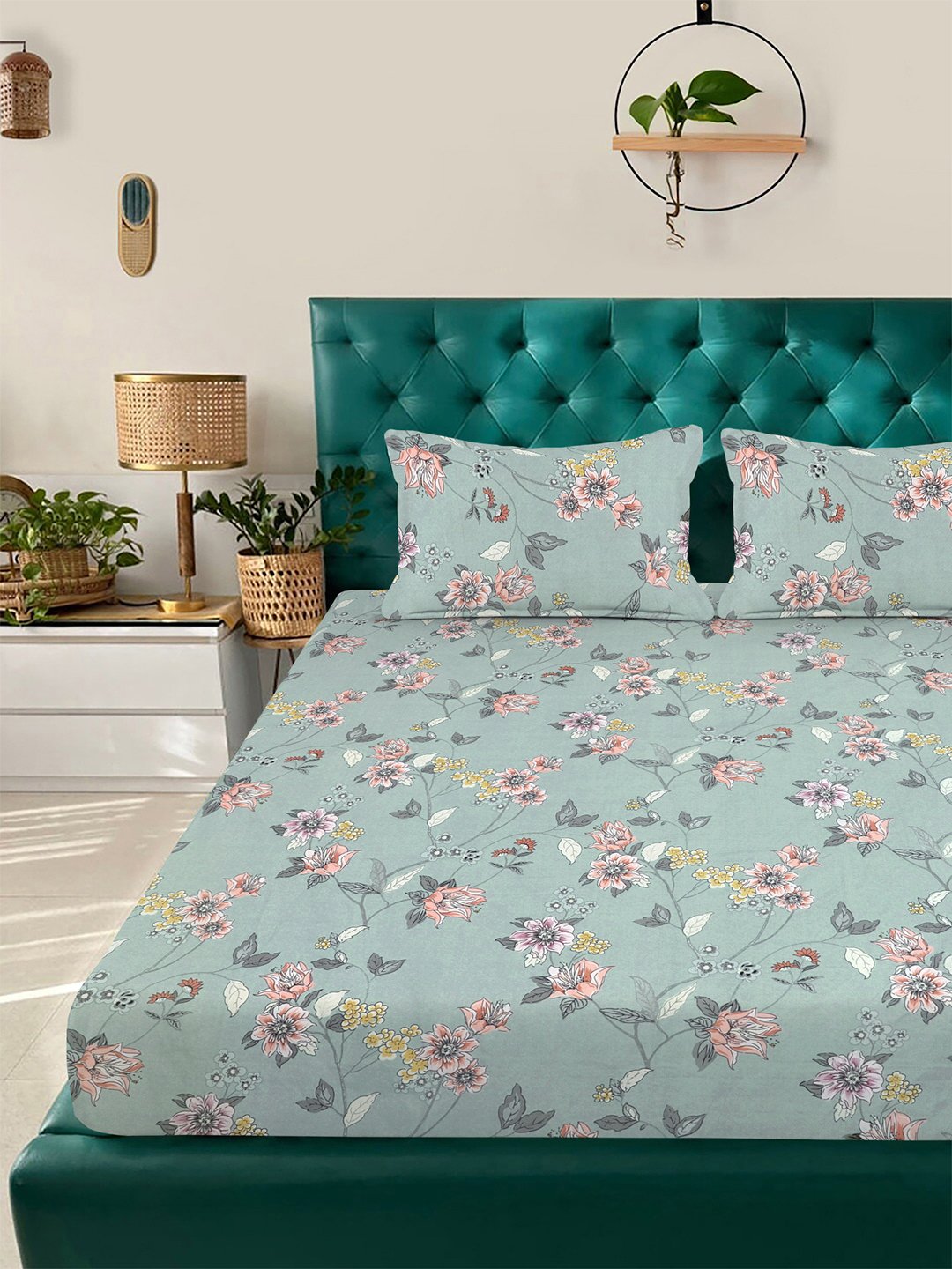 Green Floral 300 TC Cotton Blend Fitted Double Bedsheet with 2 Pillow Covers
