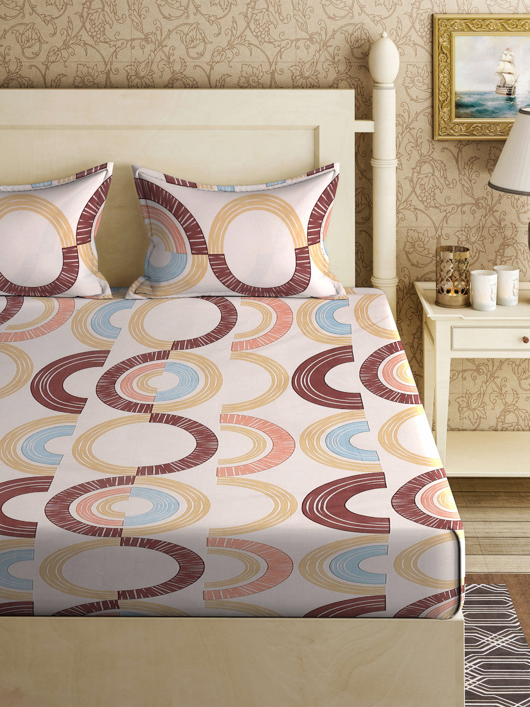 Klotthe Beige Geometric 300 TC Cotton Blend Fitted Double Bedsheet with 2 Pillow Covers