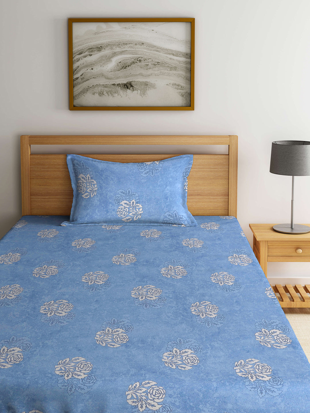 Klotthe Blue Floral 400 TC Pure Cotton Single Bedsheet Set in Book Fold Packing