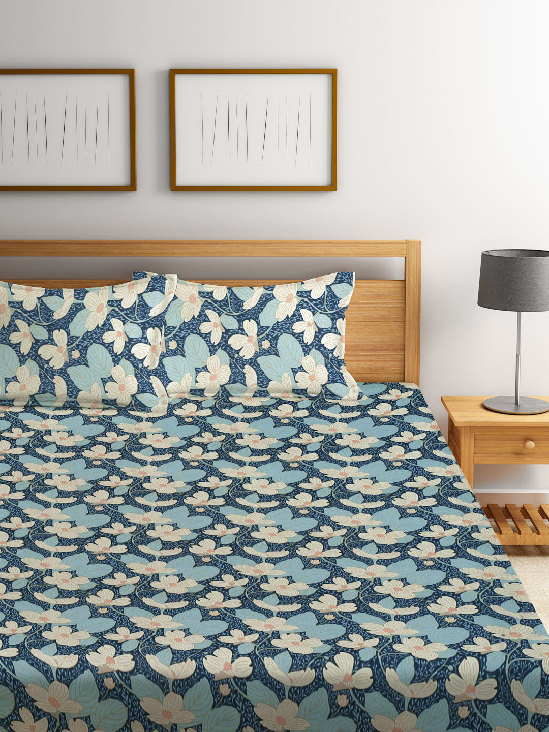 Klotthe Multicolor Floral 300 TC Cotton Blend Fitted Double Bedsheet with 2 Pillow Covers
