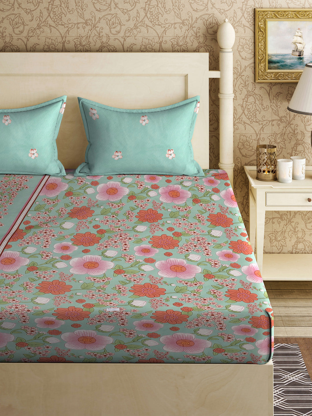 Klotthe Multi Floral 300 TC Cotton Blend Fitted Double Bedsheet with 2 Pillow Covers