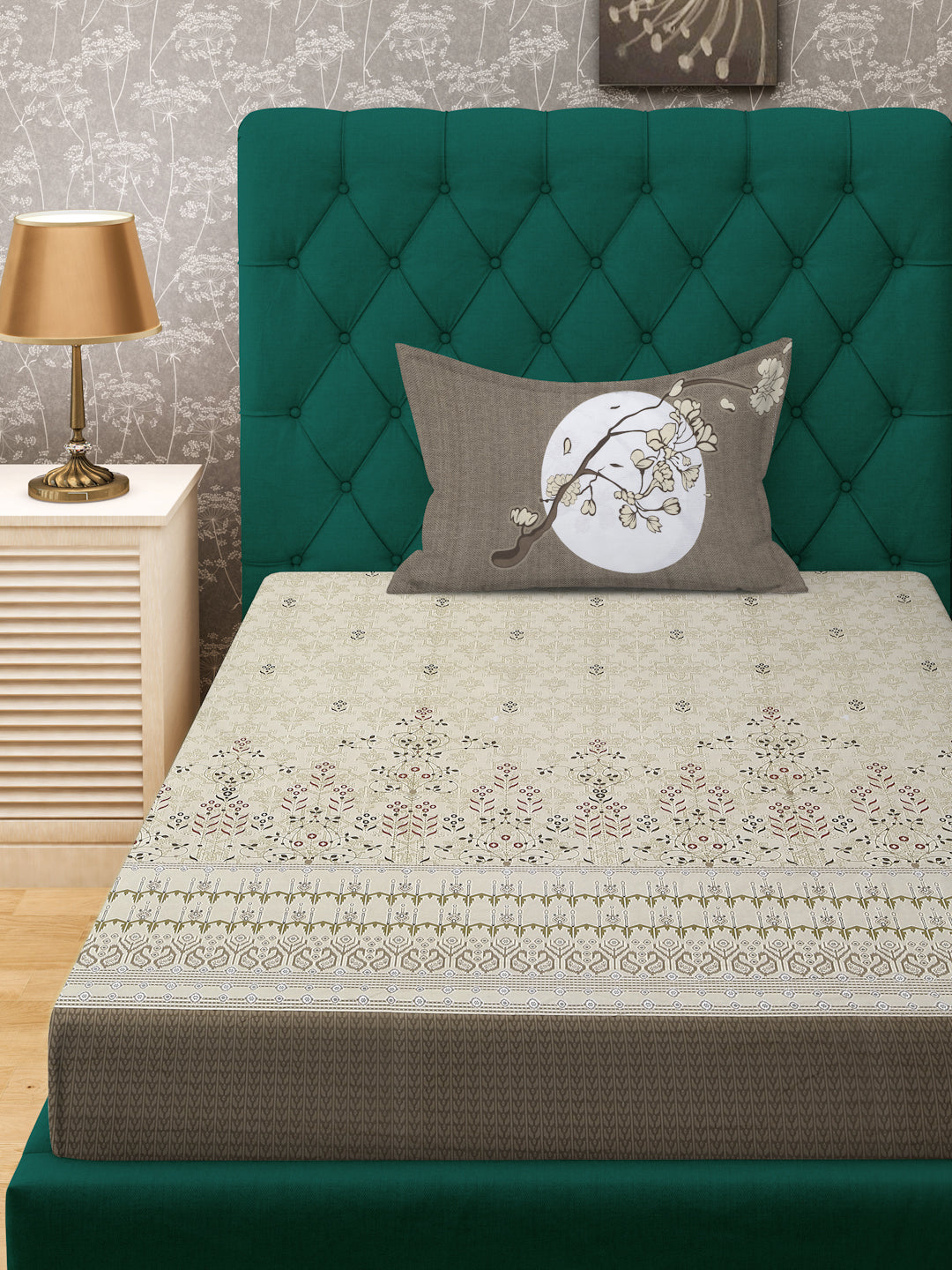 Klotthe Brown Floral 400 TC Pure Cotton Single Bedsheet with Pillow Cover