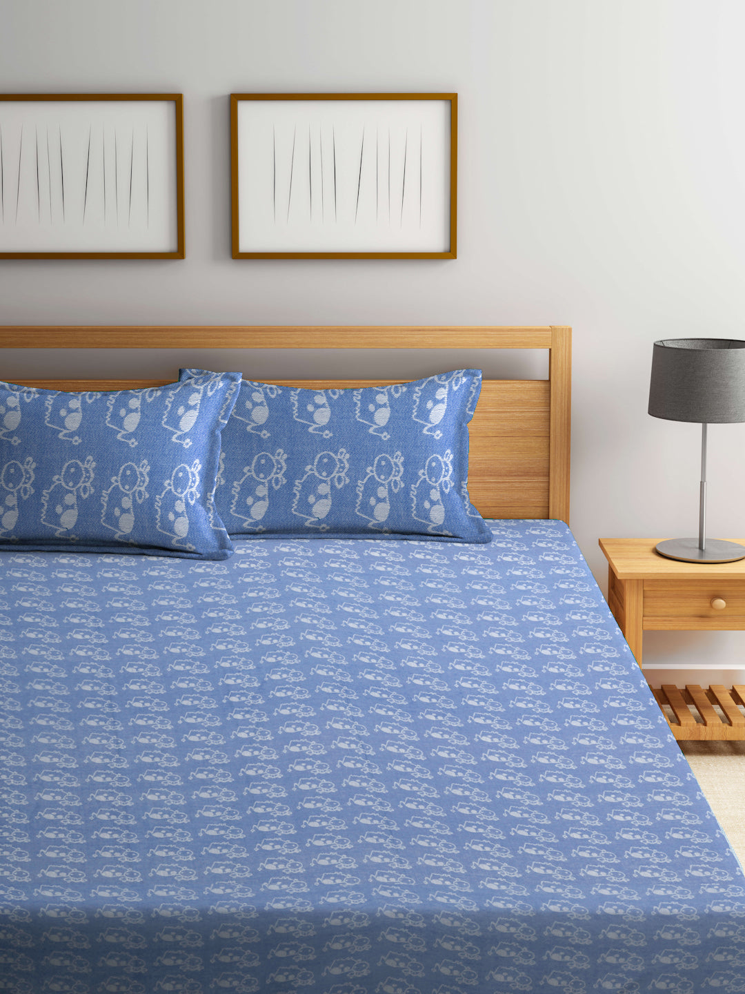 Klotthe Blue Cartoon Characters Pure Cotton Woven Design Double Bed Sheet with 2 Pillow Covers