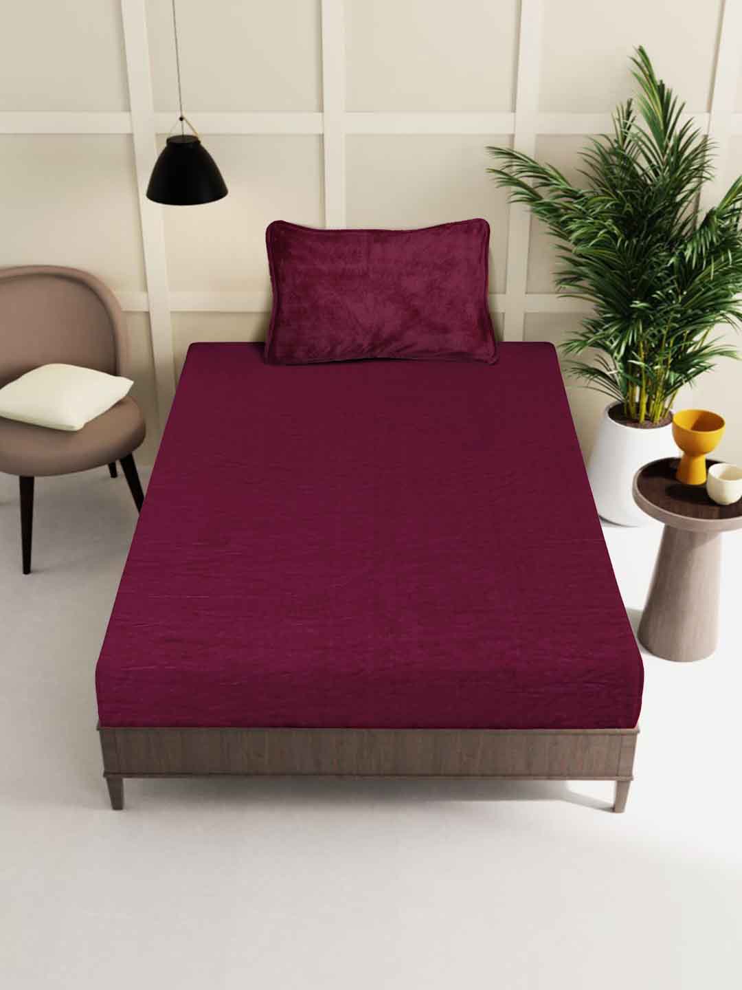 Klotthe Maroon Solid Woolen Fitted Single Bed Sheet with Pillow Cover
