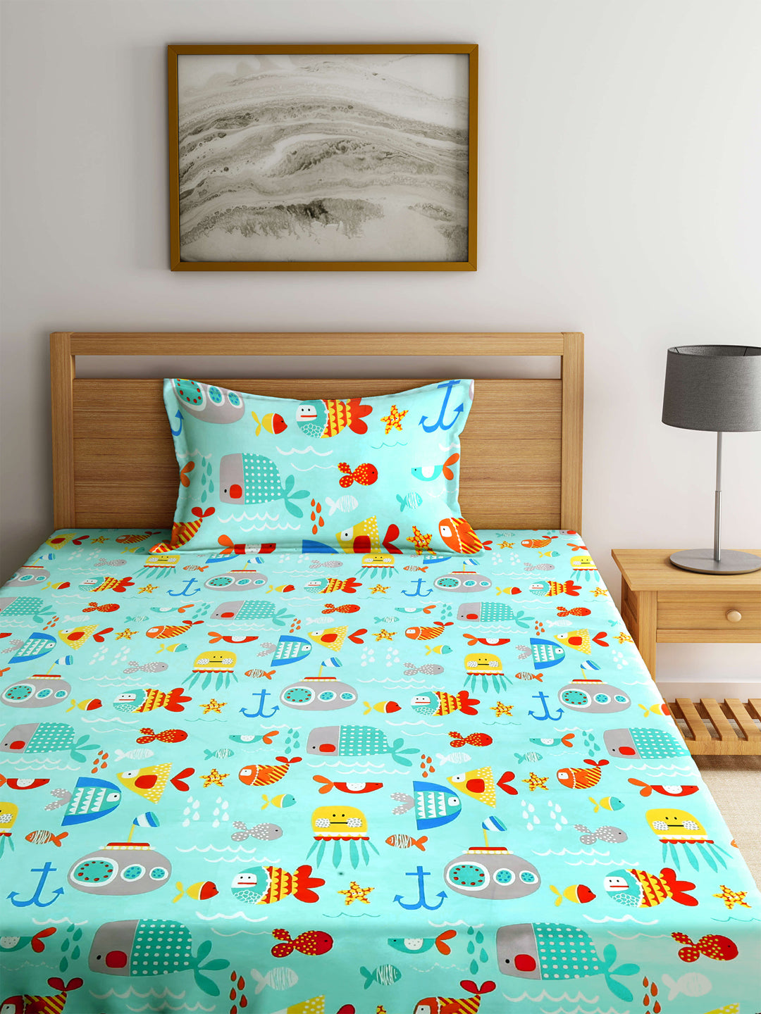 Klotthe Turquoise Kids Print Cotton Blend Single Bedsheet with Pillow cover