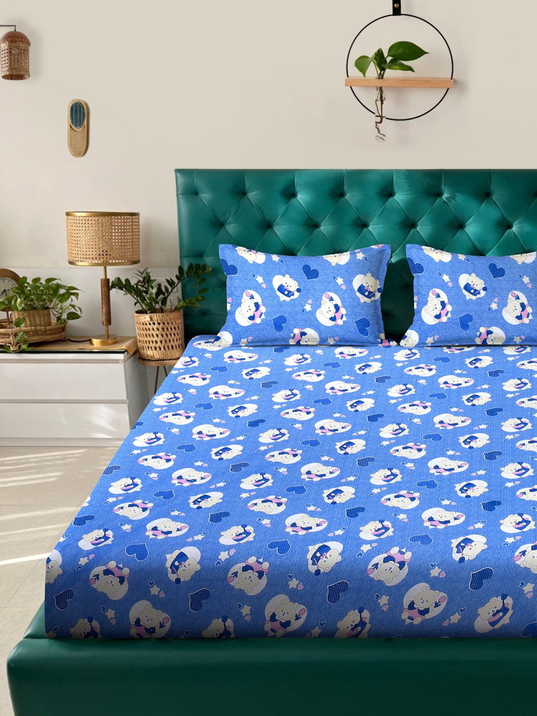 Blue Cartoon Characters 400 TC Pure Cotton Fitted Double Bedsheet with 2 Pillow Covers